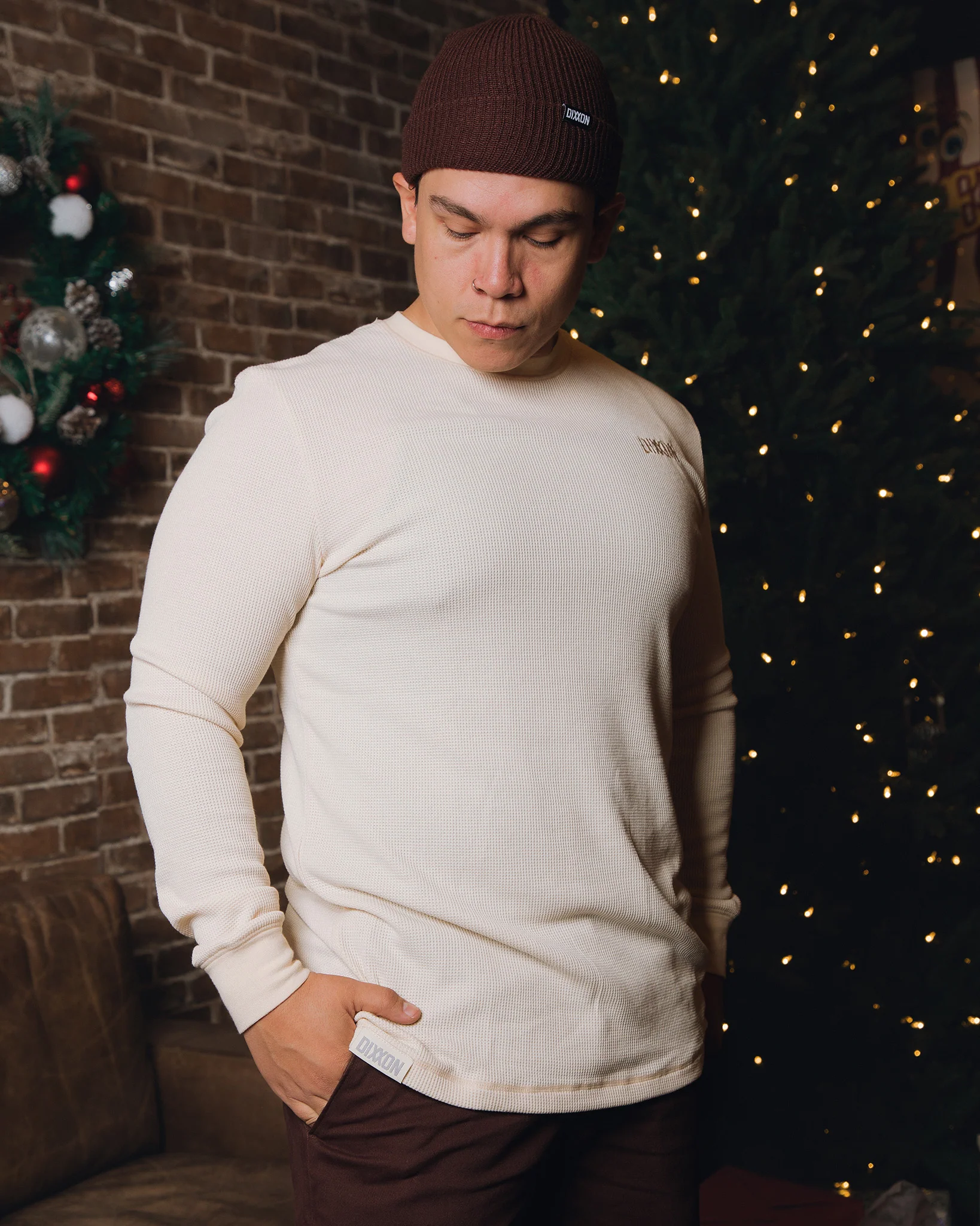 Men's Waffle Knit Long Sleeve T-Shirt - Ivory - Image 5